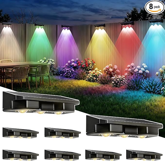 Solar Fence Lights Outdoor 8 Pack, Warm White & 8 Colors & RGB, IP65 Waterproof LED Deck Light, Dusk to Dawn Fence Lights Solar for Wall, Railing, Step, Patio, Pool, Backyard, Outside.