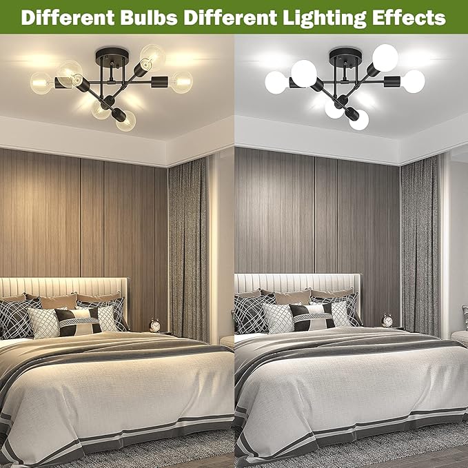 Asnxcju Modern Semi Flush Mount Ceiling Light, 6-Lights Black Sputnik Chandelier for Bedroom Lighting, Industrial Kitchen Light Fixture Ceiling Mount for Dining Room Hallway Living Room, UL Listed