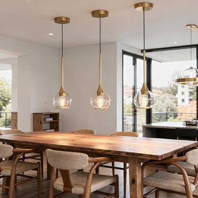 Kitchen Island Linear Pendant Light, 1-Pack 1-Light Gold Pendant Light, Brushed Gold Glass Globe Hanging Light Fixture for Dining Room, Over Table, Bar
