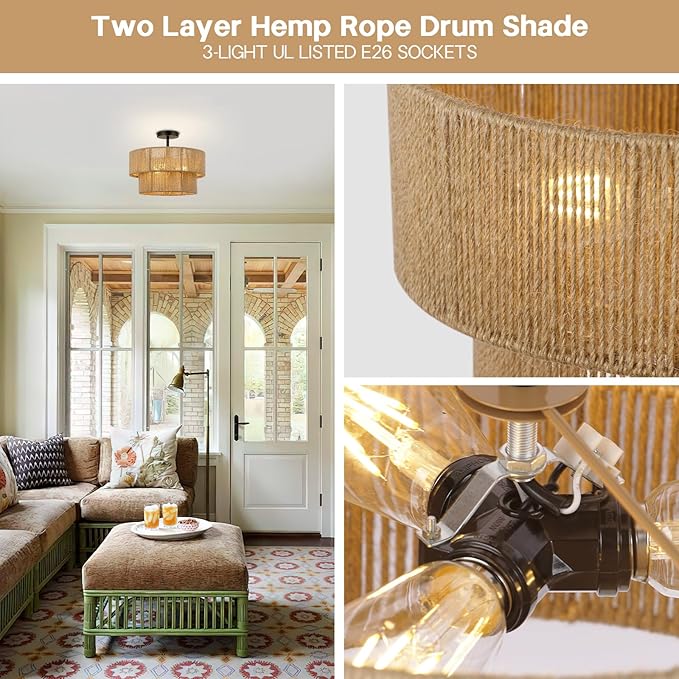 15.7'' Boho Light Fixtures Ceiling Mount, Coastal Hemp rope Semi Flush Mount Ceiling Light Fixture,3-Light Rattan Light Fixtures With 2-Tier Drum Shade, Farmhouse Chandelier Bedroom Ceiling Lamp