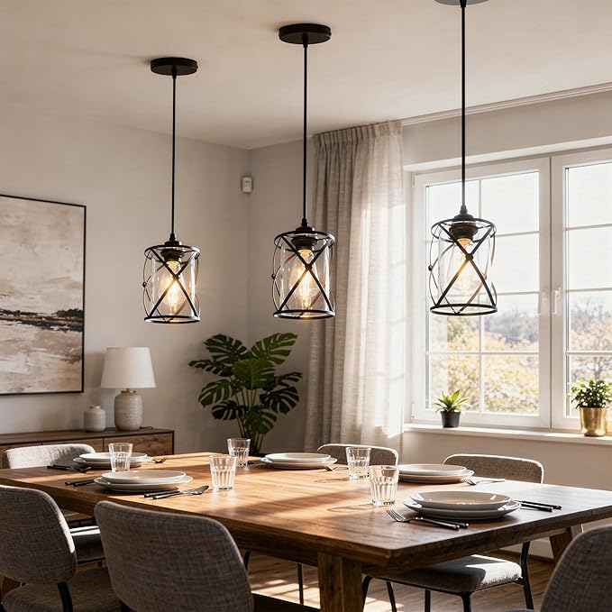 3 Light Pendant Lighting, Farmhouse Hanging Light Fixture for Kitchen Island & Dining Room, Industrial Vintage Ceiling Lamp with E26 Base, Adjustable Height, Matte Black with Glass Shades