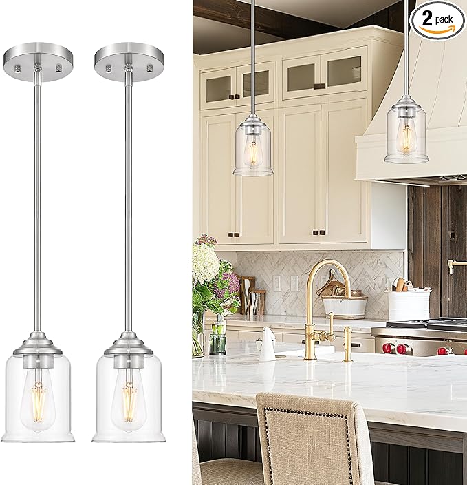zeyu 2 Pack Modern Pendant Light Fixture, Brushed Nickel Hanging Light with Clear Glass for Kitchen Island Dining Room Bedroom Hallway Foyer, ZSL104MIL-2 BN
