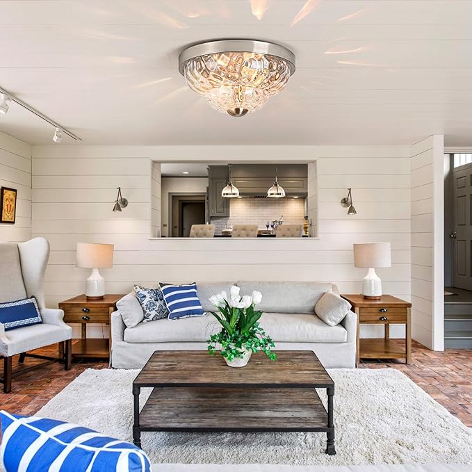 Flush Mount Ceiling Light Fixtures, 2-Light Ceiling Mount for Farmhouse with Seeded Glass Lampshade, Industrial Flush Mount Light Fixture Farmhouse for Hallway, Kitchen, Entryway,Bedroom