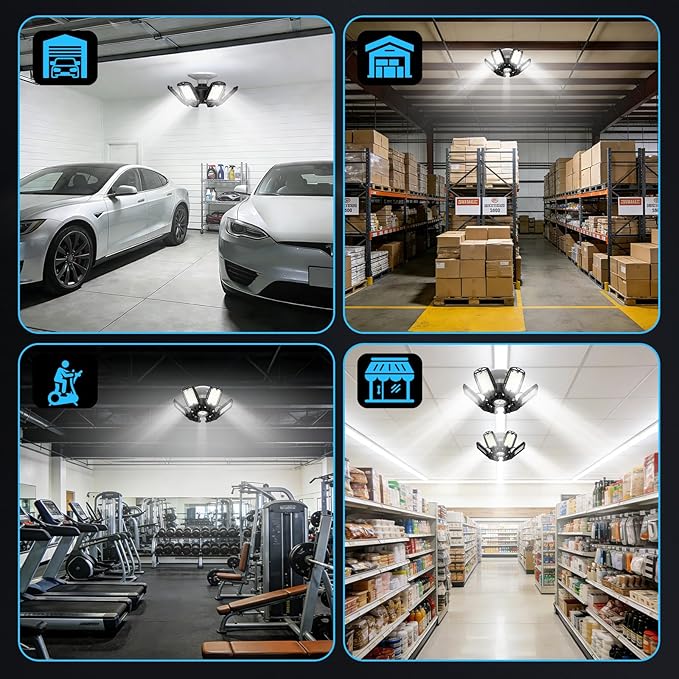LED Garage Lights 2 Pack, 18000LM 180W Deformable Shop Light with 6+1 Adjustable Panels, 6500K Daylight White Ceiling Light for E26 Base, Ideal for Garage/Basement/Barn