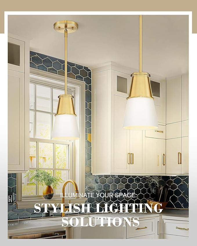 Beionxii 2 Pack Pendant Lights Kitchen Island, Pendant Lights Kitchen Island 2 Pack Gold, Kitchen Pendant Lighting Over Island, Gold Pendant Lights Kitchen Island, Milk Glass Shade, BX-PL01BG-2PK