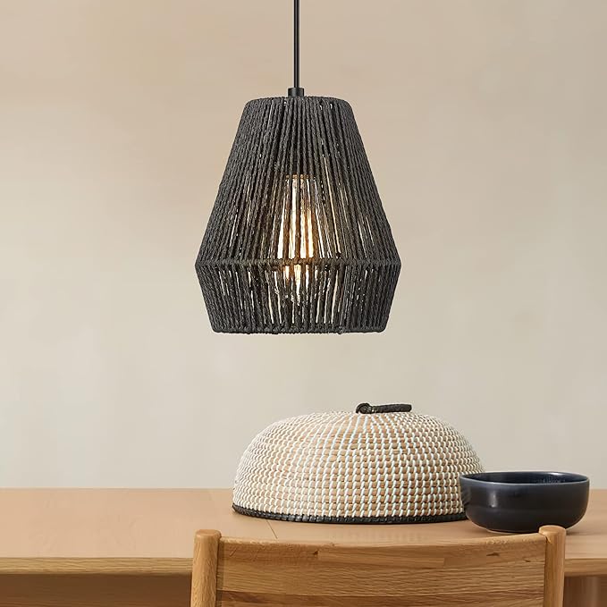 Woven Pendant Light Fixtures, ELYONA 7" Farmhouse Coastal Hanging Lamp with Matte Black Handwoven Rattan Basket Shade Modern Boho Pendant Light for Kitchen Island Dining Room Bar Bedroom Foyer Hallway