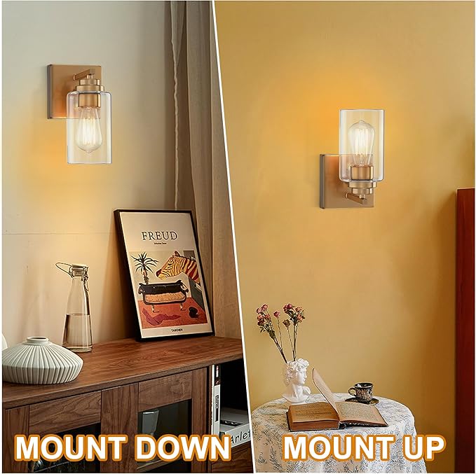 Pia Ricco Wall Sconces Set of 2, Bedside Wall Lamps with Rotary Switch for Bedroom, Modern Bathroom Light Fixtures with Clear Glass Shade, Gold Sconces Wall Lights for Living Room, Hallway, Kitchen