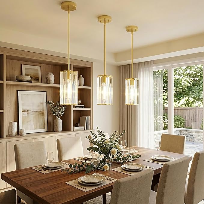 Crystal Pendant Lights for Kitchen Island - 10" Brushed Gold Adjustable Chandelier, Dimmable E26 Hanging Fixture, Modern Lighting for Dining 1pcs