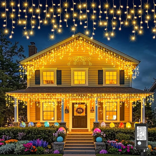33FT 400 LED Icicle Christmas Lights Outdoor - Warm White Icicle Lights for Outside with 75 Drops 8 Modes, Waterproof Connectable Curtain Hanging Lights for Indoor Roof Patio Garden Party Decorations