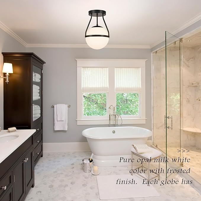Bagood 8 Inch Mid Century Ceiling Light Modern Semi Flush Mount Ceiling Light Fixture Globe Ceiling Light Fixture with Milk Glass Shade Matte Black Finish for Kitchen Island Hallway Laundry(Bulb Incl)