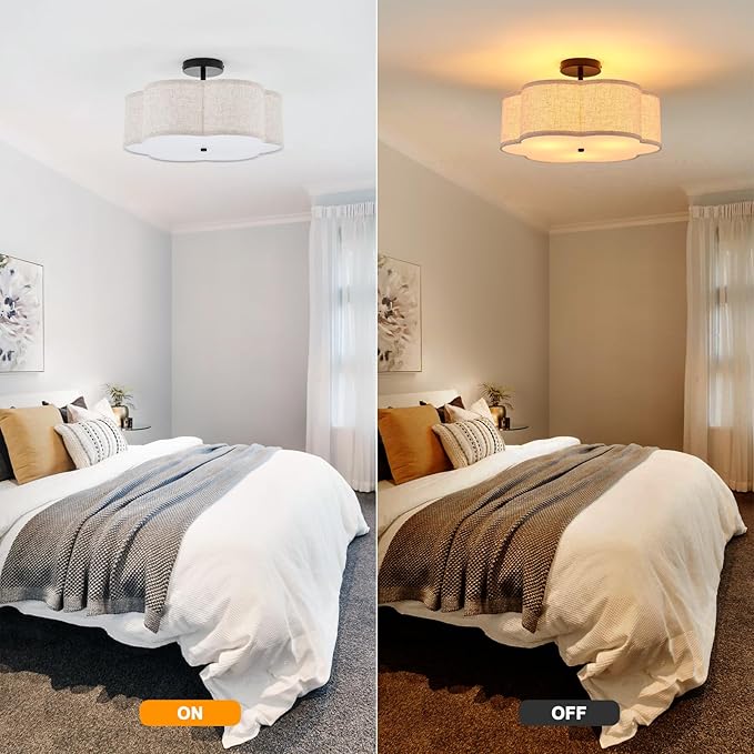 18" Semi Flush Mount Ceiling Light 3-Light Modern Linen Drum Ceiling Lighting with Chrome Finish, Vintage Ceiling Light for Living Room, Kitchen, Basement, Laundry Room, Bedroom