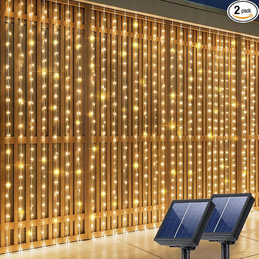 2 Pack Solar Curtain Light Outdoor, 20ft x 10ft, 480 LEDs in Total Solar Powerd String Lights Waterproof Outside for Garden Party Wedding Decór