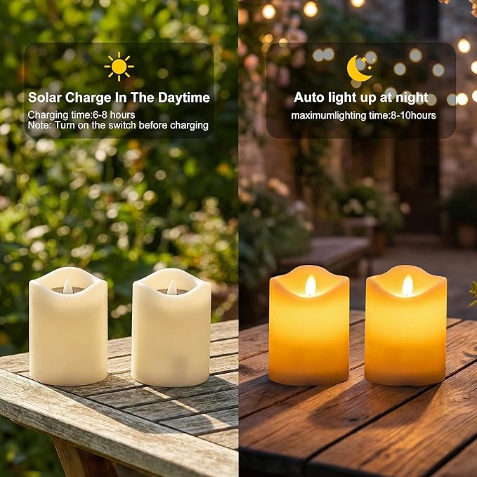 Livinlarge Solar Candles Outdoor Waterproof, 3"x4" Rechargeable Solar Powered Flameless Flickering LED Pillar Candle for Patio Yard Deck Window Table Decor, Holiday Gifts for Mom and Wife, 6pcs