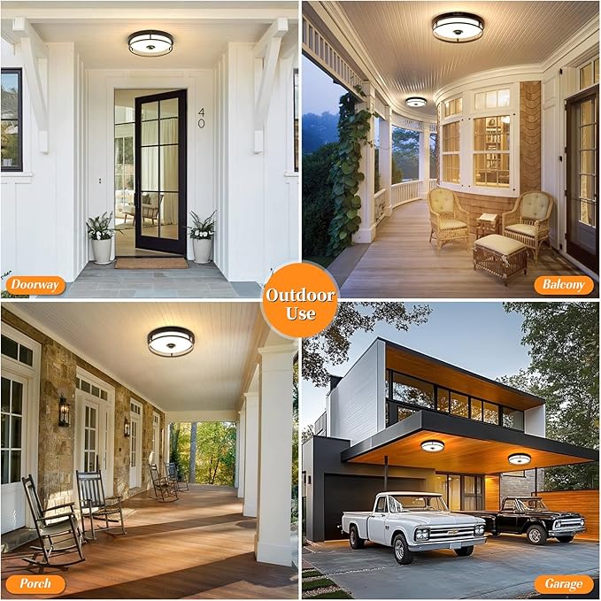 Motion Sensor Outdoor Ceiling Light, 12" Flush Mount LED Dusk to Dawn Porch Lights, Black Ceiling Lamp for Entryway, Garage, Hallway, 2 Pack