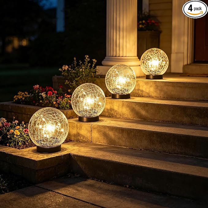 4 Pack 4.72" Solar Powered Cracked Glass Globe Lights Outdoor Waterproof Decorative Table Ball Lamps for Outside Garden, Patio, Yard, Deck, Pathway, Backyard Decoration Easy to Install (Warm White)