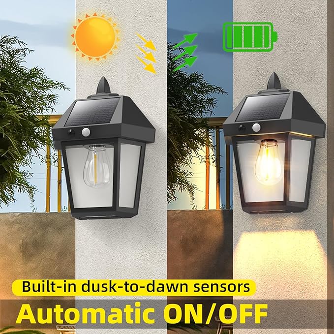 DERAYSION Solar Porch Lights Outdoor, 9 Inch Solar Wall Lanterns with Motion Sensor, 3 Mode Adjustable Brightness Waterproof Outdoor Solar Lights for Porch Door Patio Fence Garage -2 Pack