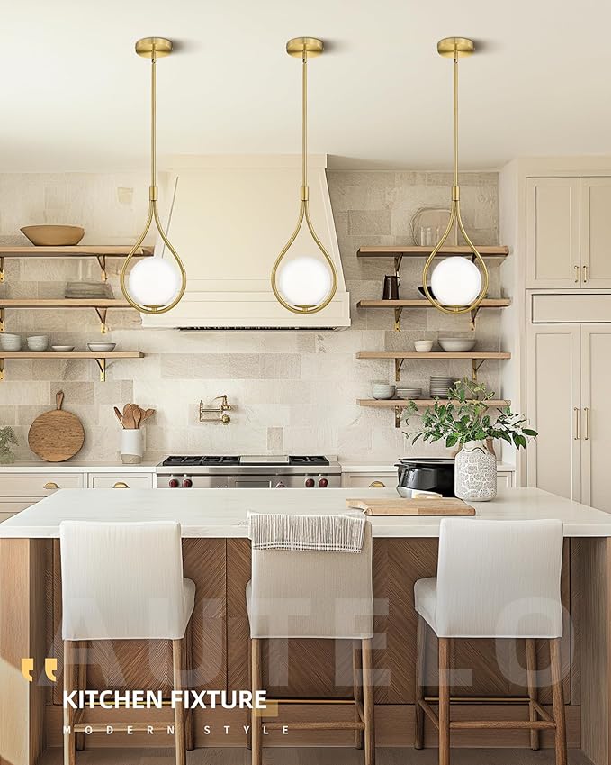 AUTELO Gold Pendant Lights, 1-Light Pendant Lights Kitchen Island in Brushed Gold Finish with Milky White Globe Glass, Mid Century Pendant Light Fixtures, Gold Hanging Lights for Kitchen H9377 MGBG