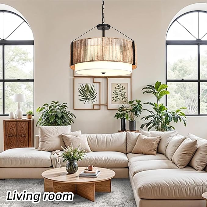 19.7" 4-Light Boho Pendant Light Fixture Rattan Chandelier, Hand Woven Farmhouse Chandelier for Dining Room Pendant Light for Kitchen Island, Bedroom, Dining & Living Room