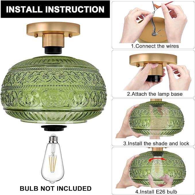 Semi Flush Mount Ceiling Light Fixture, 11" Vintage Gold Hallway Lights Fixture Ceiling with Green Glass for Kitchen, Hallway, Bathroom and Entry Way,Compatible with E26 Light Bulb