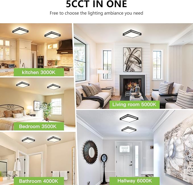 Square Ceiling Light Fixture - 36W 3000K/3500K/4000K/5000K/6000K Adjustable Flush Mount Led Light for Bathroom Bedroom Kitchen Hallway (8 Pack Black(5CCT), 12 Inch)