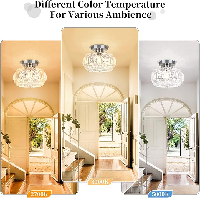 Brushed Nickel Semi Flush Mount Ceiling Light, Glass Shade Modern Ceiling Light Fixture, Lighting for Hallway Bedroom Entryway Kitchen Porch