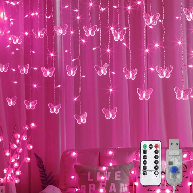 Butterfly Curtain Lights, 13ft 96 LED USB Window Fairy Lights 16 Butterflies 8 Modes Firefly Twinkle Timer String Lights with Remote for Room Bedroom Wall Ceiling Party Wedding Christmas