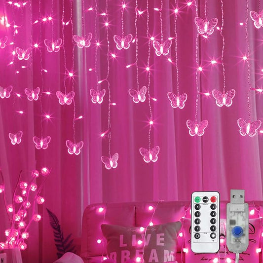 Butterfly Curtain Lights, 13ft 96 LED USB Window Fairy Lights 16 Butterflies 8 Modes Firefly Twinkle Timer String Lights with Remote for Room Bedroom Wall Ceiling Party Wedding Christmas
