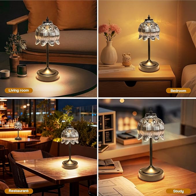 Cordless Lotus Flower Table Lamp, 5200mAh Rechargeable Battery Operated Portable Lamp, 3-Color Dimmable Touch Control Small Desk Lamp for Bedroom, Office, Kitchen, Nightstand,Room Decor(Black)