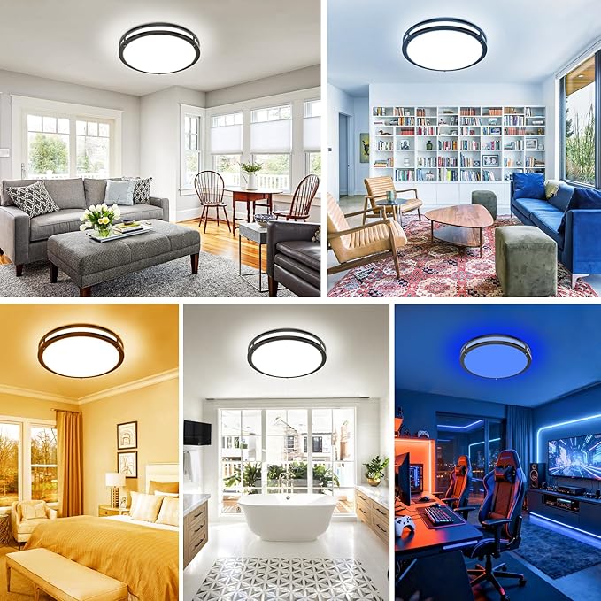 libtit 13 Inch RGB Flush Mount Ceiling Lights with Remote, 24W 3000K-6500K&Dimmable, LED Light Fixture with Nightlight and Timer for Bedroom Livingroom Bathroom-Black