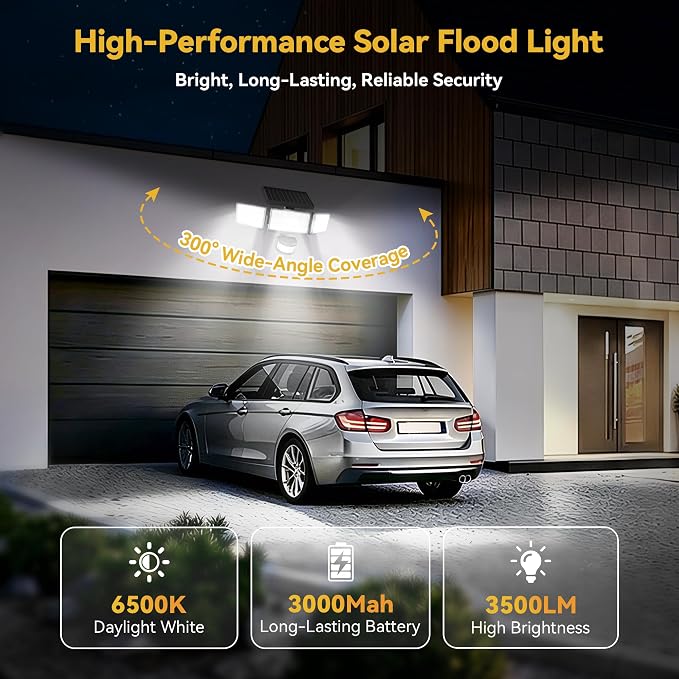 Solar Lights Outdoor, 3500LM 168 LED Motion Sensor Solar Flood Lights, 3 Heads 300° Wide Angle, 3 Modes IP65 Waterproof Solar Security Lights for Yard Garden Patio, 3 Pack (Black)