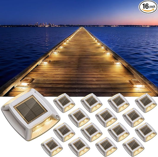 Solar Driveway Lights Outdoor 16 Pack, IP68 LED Solar Powered Waterproof Driveway Marker Deck Dock Lights for Dock Step Pathway Walkway Sidewalk Garden Yard Stair Marine (Warm)