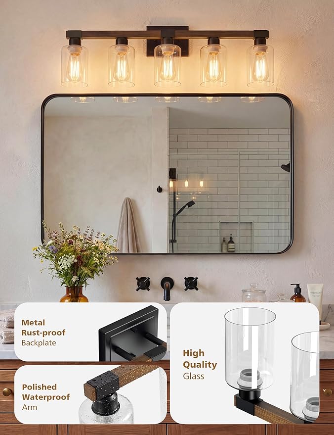 VOLISUN Farmhouse Bathroom Light Fixtures, 5 Light Bathroom Vanity Lights Over Mirror, Rustic Vanity Light for Bathrooms,Wood Bathrooms Lights Fixtures Over Mirror-UL Certificated