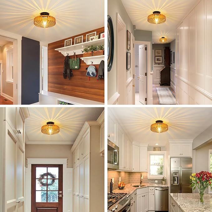 Glass Semi Flush Ceiling Lights - 12 in Vintage Mid Century Modern Lighting Fixture - Drum Unique Art Deco Amber Mount Light Fixtures for Hallway Entry Way Hall Kitchen Dining Laundry Room Foyer Porch