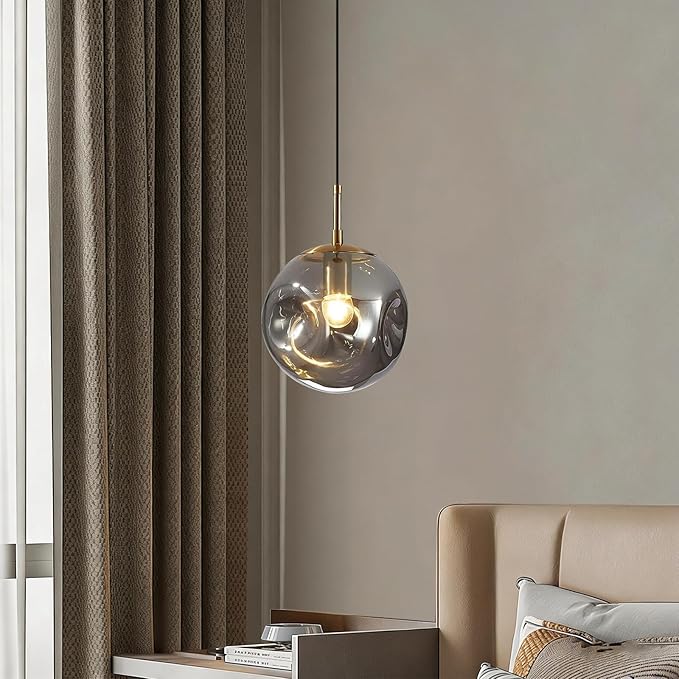 Modern Smoke Gray Concave Glass Pendant Light, Kitchen Island Lighting Single Globe Pendant Light Fixtures Century Kitchen Island Pendant Lighting for Bedroom Living Dining Room Light （Without Bulb）