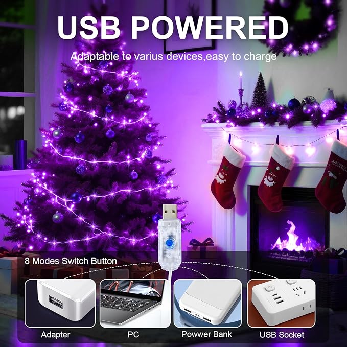 2 Pack USB Plug in Fairy String Lights,16ft 50 LED Copper with Remote and Timer, 8 Modes Waterproof Twinkle String Lights for Bedroom Indoor Party Wedding Christmas Decoration (Purple)