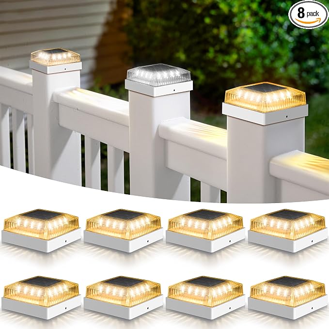 Solar Post Cap Lights, 8-Pack Fence Post Solar Lights for 4x4 Wood/Vinyl Posts, IP65 Waterproof, 10-12 Hours of Illumination with 3 Lighting Modes for Garden/Patio/Porch - White