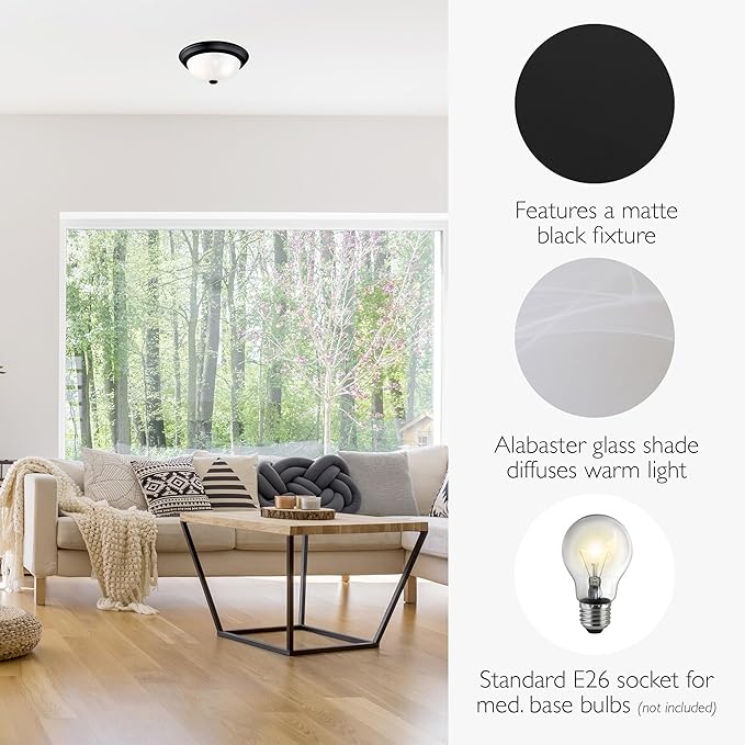 Design House, 2 Pack, 2-Light Indoor Dimmable Ceiling Light, Alabaster Glass Shade, Matte Black, 11.25 in W x 4.75 in H, Interior Lighting, Item 588251