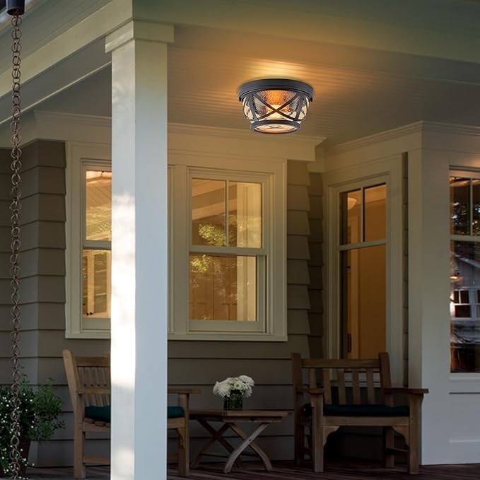 Oil-rubbed Bronze Flush Mount Ceiling Light Fixtures, 2-Light Farmhouse Porch Light Ceiling Mount with Seeded Glass, Industrial Outdoor Indoor Flush Mount Light Fixture for Kitchen Entryway & Foyer