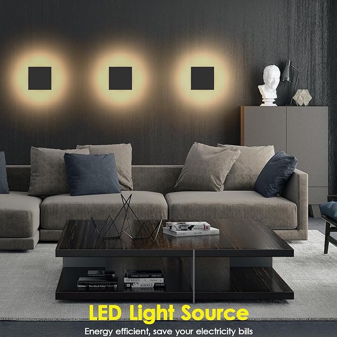 2 Packs LED Wall Light Outdoor Indoor Modern Wall Sconce Mini Wall Sconce Black Modern Outdoor Wall Lights Aluminum Porch Lights Outside Wall Lights 3000K (Square)