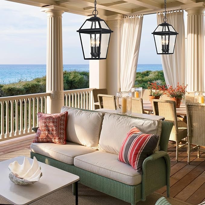 Modern 3-Light Large Outdoor Pendant Light for Porch, 16" Matte Black Exterior Hanging Light Fixture, IP65 Waterproof Anti-Rust Outdoor Chandelier Lantern for Front Door, Balcony, Sloped Ceiling