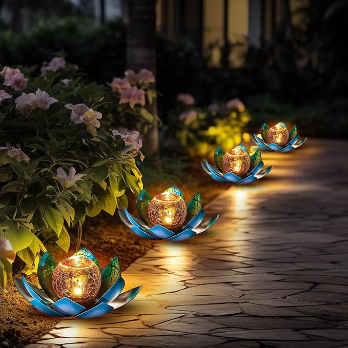 VIHOSE 4 Pcs Lotus Solar Light Outdoor LED Waterproof Art Globe Glass Decoration Outdoor Table Decor Garden Gifts Decorative Crackle Globe Glass Metal Lotus Flower for Patio Lawn (Blue)