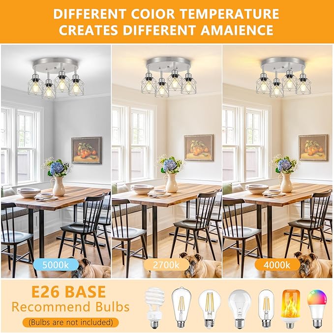 4-Light Brushed Nickel Kitchen Light Fixtures, Modern Hallway Light Fixtures Ceiling, Adjustable Multi-Directional Indoor Silver Metal Cage Close to Ceiling Lights for House Bedroom