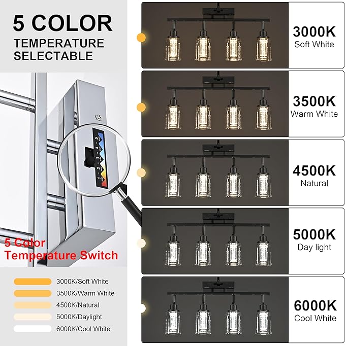 MELUCEE 5-Color Dimmbale Track Lighting Fixtures Ceiling 4-Light LED Track Lighting Kit Chrome Rotatable Spotlight Ceiling Mount Bathroom Wall Sconces, Kitchen Tracking Lights, Clear Glass Shade