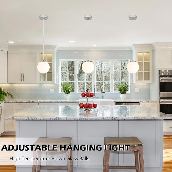 KoKo&Yukina 6 Inch Globe Pendant Light Nickel Globe Pendant Lights Kitchen Island Mid Century Light Fixture with Milky White Glass Shade for Dining Room (2 Pack)
