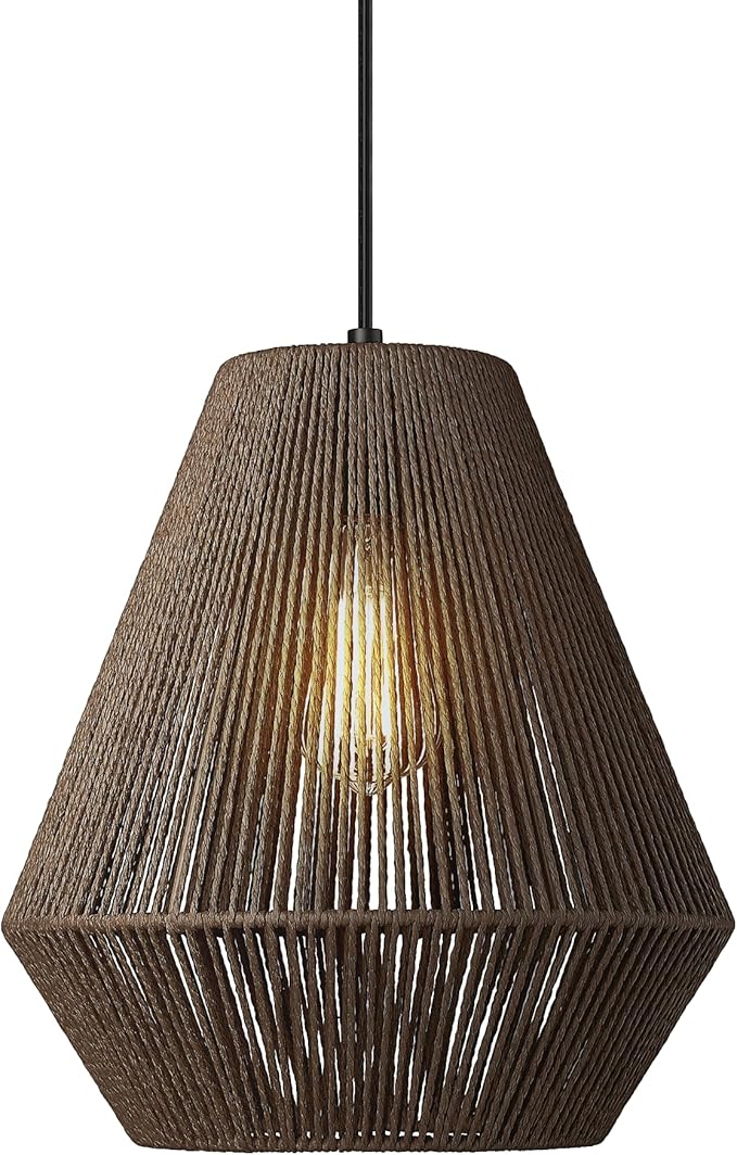 ELYONA 12” Woven Pendant Light for Kitchen Island Farmhouse Boho Hanging Lamp with Handwoven Rattan Basket Shade Adjustable Pendant Light Fixtures for Dining Room Bar Bedroom Foyer Hallway Dark Brown