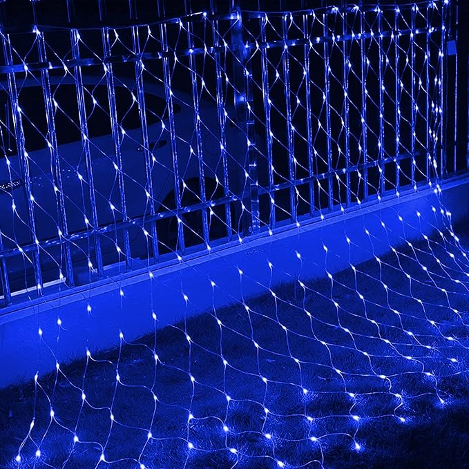 Dazzle Bright Christmas Net Lights, 360 LED 12FT x 5 FT Transparent Wire Waterproof Connectable String Lights with 8 Modes Christmas Decoration Outdoor Lights for Bushes Garden Party Holiday (Blue)