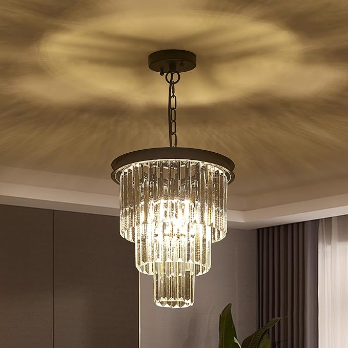 4-Light Crystal Pendant Light,11.8" 3-Tier Luxury Black Crystal Pendant Light Perfect for Dining Room, Bedroom, Kitchen, Living Room