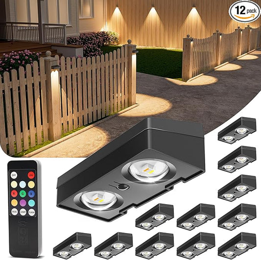 VOLISUN Solar Fence Lights with Remote Control, 50 Lumen LED Fence Lights Solar Powered, IP65 Waterproof, 10 RGB Color Long-Lasting Solar Lights for Backyard Garden Deck Patio Railing (12 Pack)