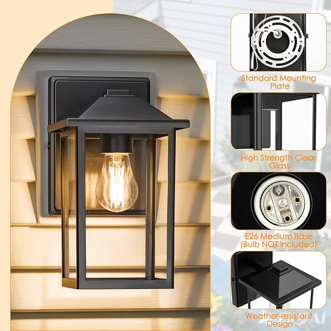 MATAMEYE Outdoor Wall Lantern, Exterior Waterproof Wall Sconce Lighting Fixture, Black Front Door Light with Glass, Anti-Rust Porch Lamp