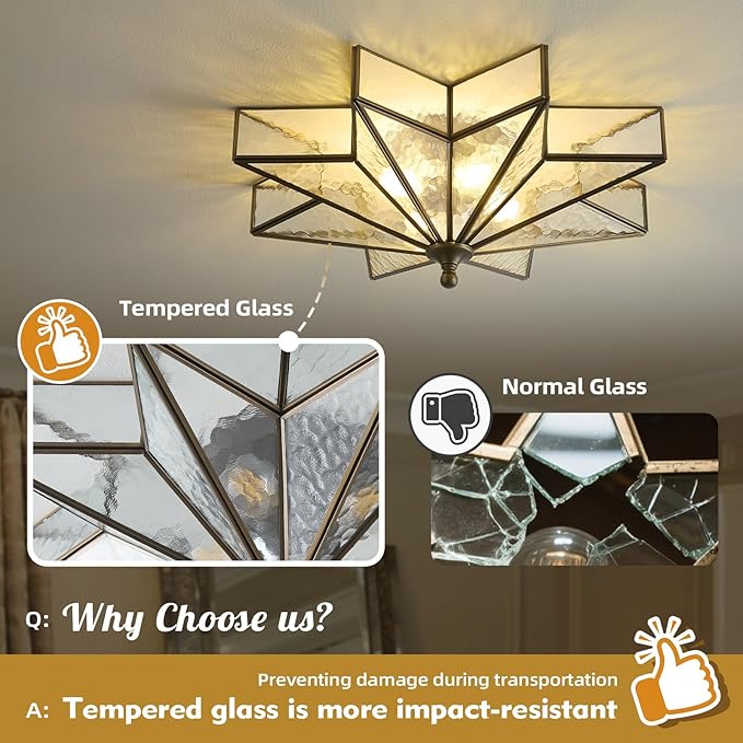 Star Vintage Bronze Ceiling Light - 19.7 in Large Hammered Glass Antique Flush Mount Fixture - Mid Century Black Art Deco Lighting for Kitchen Hallway Bedroom Bathroom Laundry Entryway Farmhouse Hall